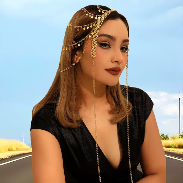 New Creative Arabic Headwear Popular in the Middle East, Gold Alloy Coin Tassel Head Chain Hair Accessory