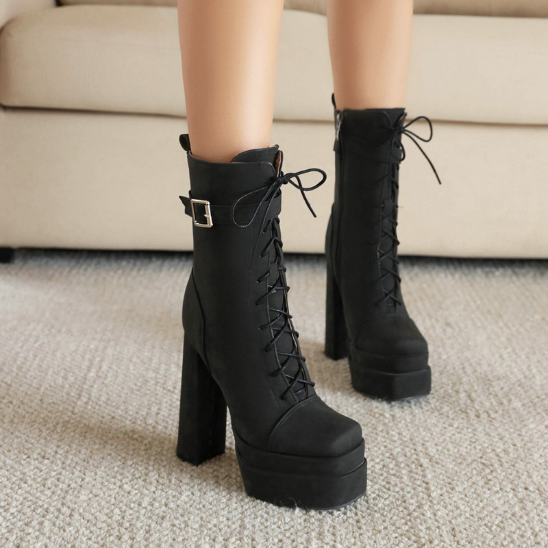 Women's Short Boots Autumn and Winter New Square Toe Thick Heel Super High Heel Martin Boots Side Zipper Belt Buckle Ankle Short Boots
