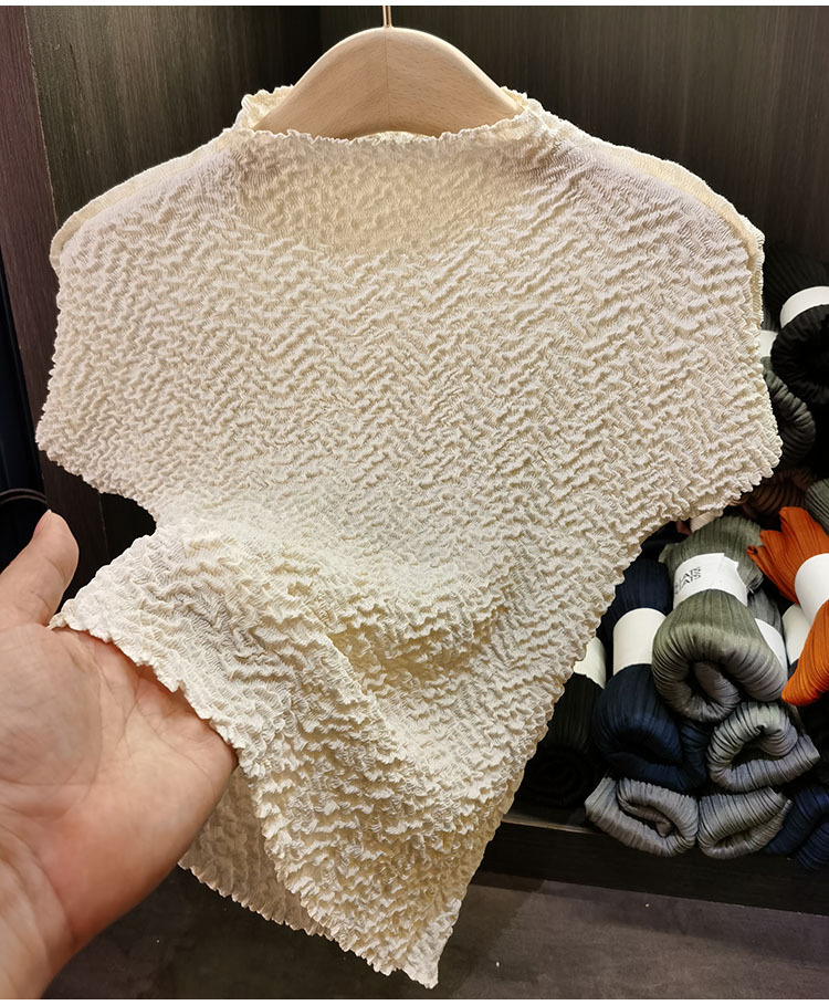 Áo thun nữ cổ tròn tay ngắn họa tiết dứa jacquard xếp ly mùa hè — Màu xanh lam nhạt, Màu xanh lục nhạt, Màu đen, Màu trắng be chi tiết 7