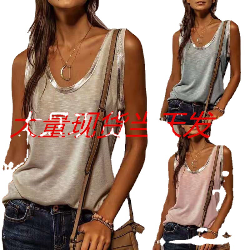 Verano en stock europeo y americano otras fuentes cuello redondo suelto color sólido algodón gris con cuello en V chaleco en forma de I image 5