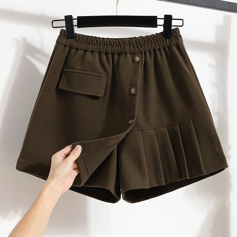 Woolen shorts autumn and winter wear plus size women's chubby girl fake two-piece culottes one wide leg pleated all-match slimming boot pants Woolen shorts autumn and winter wear plus size women's chubby girl fake two-piece culottes one wide leg pleated all-match slimming boot pants