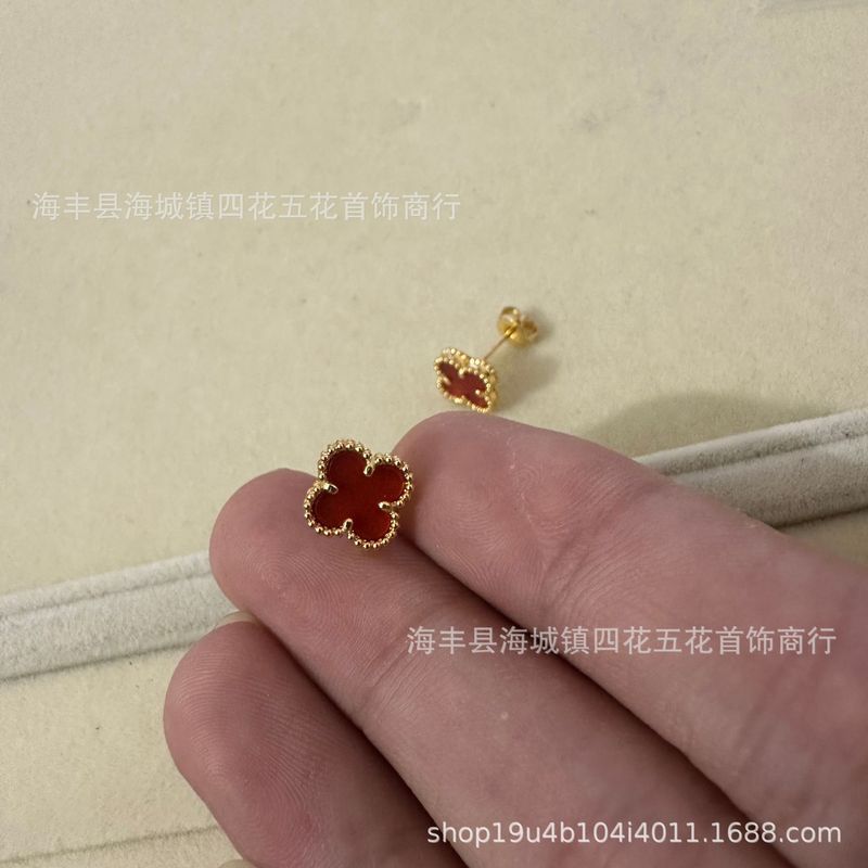 高版四叶草mini耳钉天然贝母厚金电镀 18K玫瑰金厂家直销直播批发|undefined
