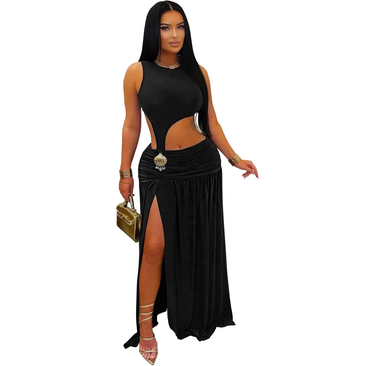 C7597 Aliexpress transfronterizo Amazon Europa y América moda femenina sexy color sólido sin mangas umbilical vestido bifurcado image 7