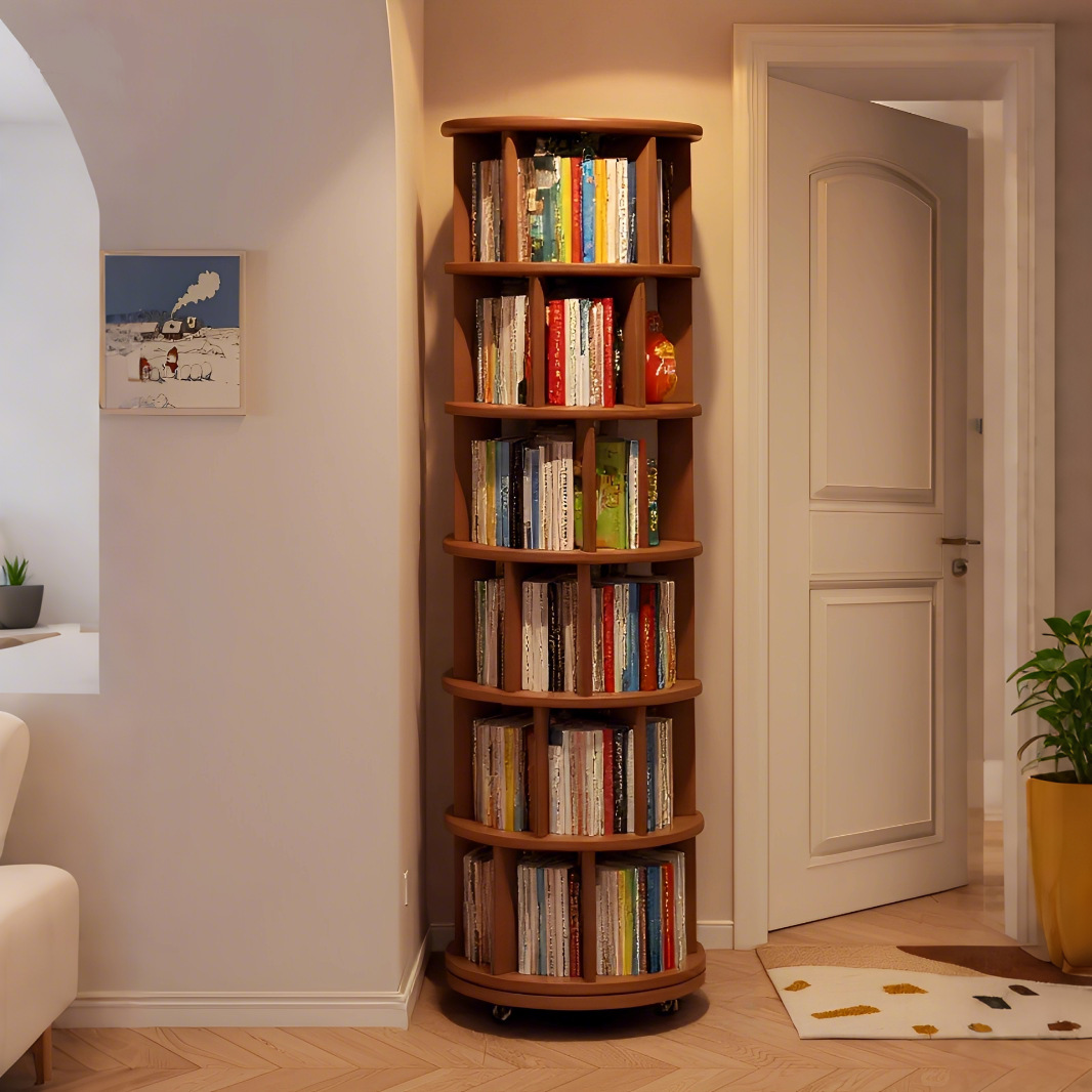 Solid wood rotating bookshelf floor-to-ceiling wall storage rack 360-degree home children's picture book shelf removable integrated bookcase