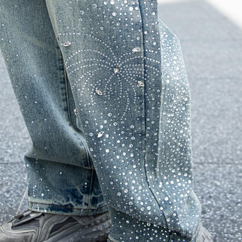 Men's Rhinestone Jeans - High-End Streetwear Straight Leg Denim Pants With Hand-Painted Design, Loose Fit For Trendy Look_voghion.com
