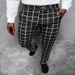 2023 Foreign Trade Amazon New European and American Men's Plaid Slim Pants Large Size Fashion Casual Small Leg Pants Pants