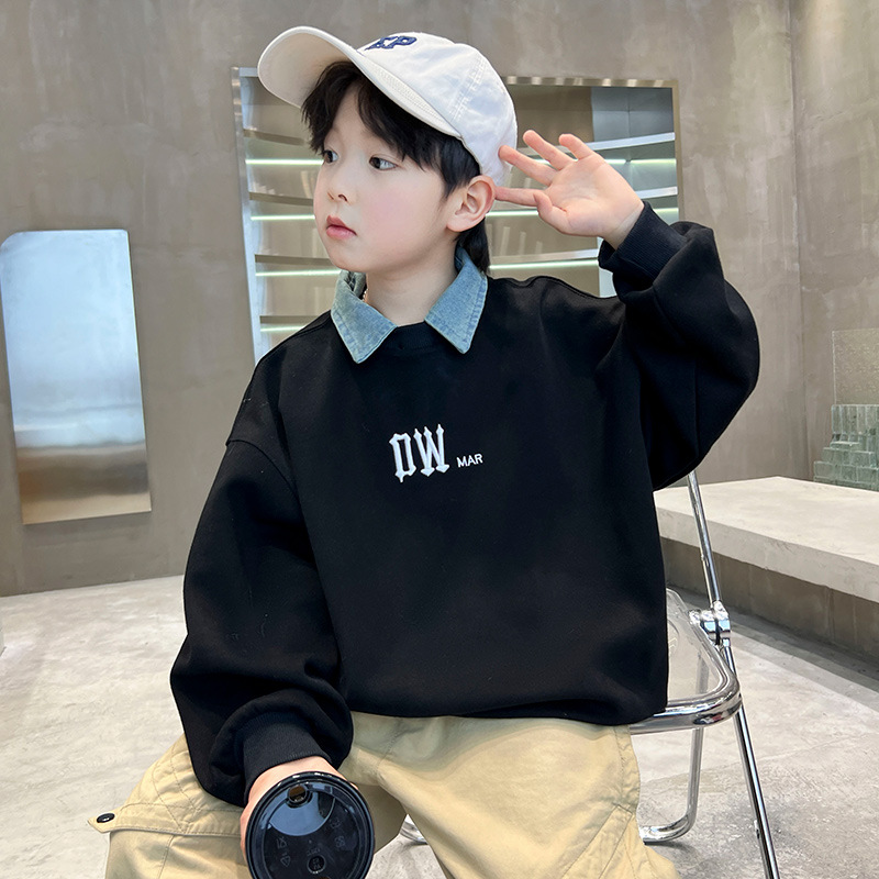 Boy's Spring and Autumn Style Puffer Jacket 2024 New Arrival Medium and Large Child Personality Trendy Denim Collar-Up Top Under Shirt