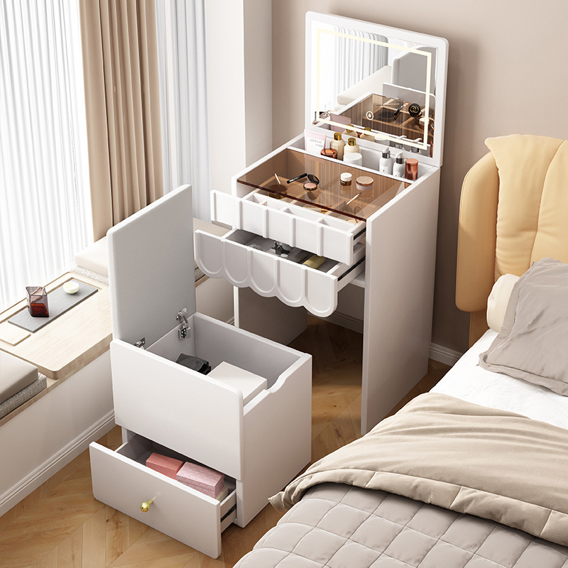 梳妝檯臥室現代簡約奶油風翻蓋網紅化妝桌收納櫃一體家用大空間