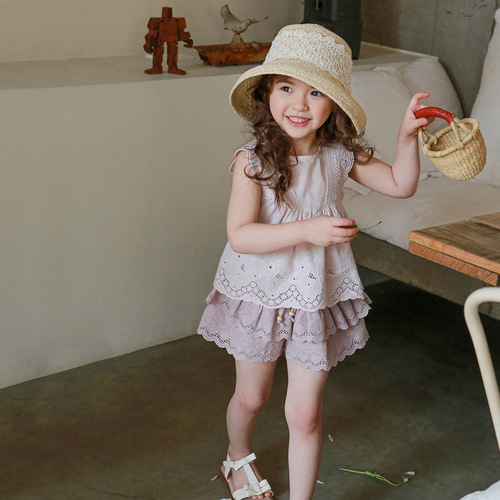 2024 Summer Strawberry Shan Girl Baby Double Layer Hollow Lace Western Style Casual Shorts