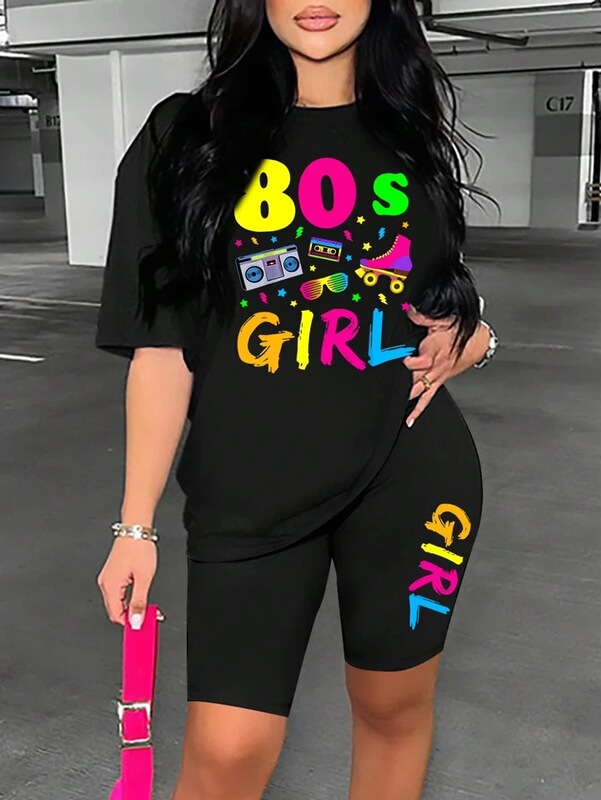 80S Girl Colorful Printed Women's T-Shirt Two-Piece Set Fashion Casual Short Suit Comfortable Breathable Shirt and Shorts