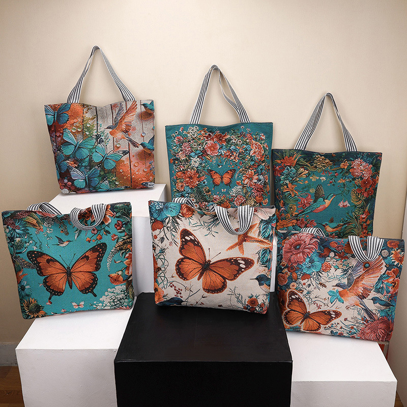 Cross-Border Ethnic Style Women's Bag, Canvas Bag for Work, Butterfly Embroidery, Hand-Held Tote Bag, Large Capacity Commuter Shoulder Bag Cross-Border Ethnic Style Women's Bag, Canvas Bag for Work, Butterfly Embroidery, Hand-Held Tote Bag, Large Capacity Commuter Shoulder Bag