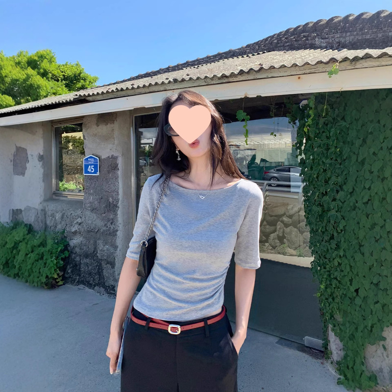 Pusume Paper-Thin Tee Boat Neck Mid-Sleeve T-Shirt for Women with Design Sense, Ruched Slim Fit Half-Sleeve Knitted Top Pusume Paper-Thin Tee Boat Neck Mid-Sleeve T-Shirt for Women with Design Sense, Ruched Slim Fit Half-Sleeve Knitted Top