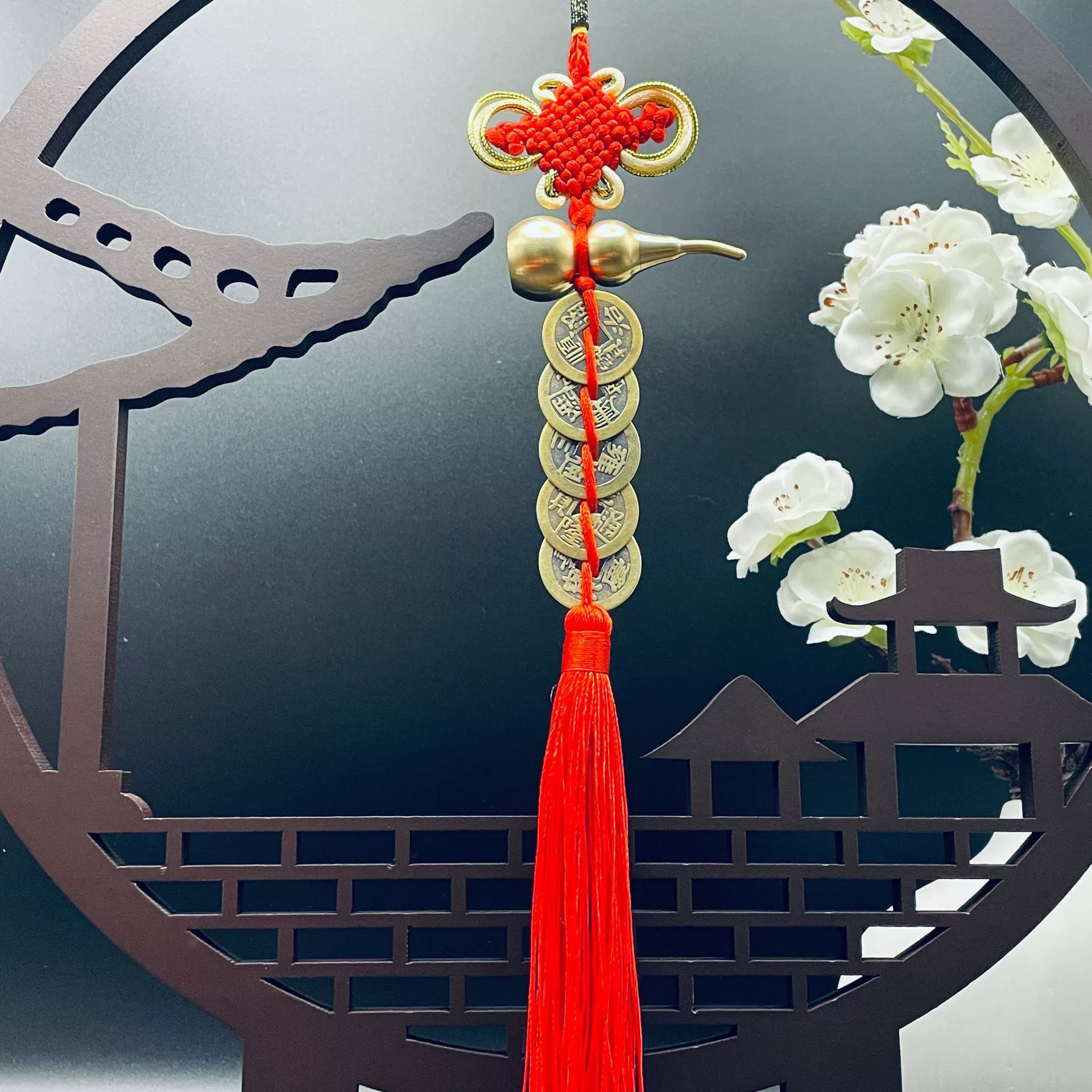 Подвеска из латуни с пятью императорскими монетами, медная тыква (гур) Fulu Ankang, раскрывающий Багуа, цветочные бусы, утолщённый китайский узел