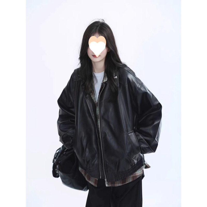 美式街头复古机车服黑色皮衣外套女春秋重磅宽松夹克上衣|undefined