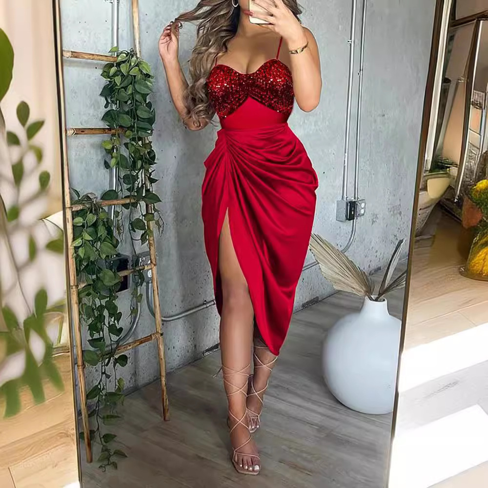 Comercio exterior AliExpress estación independiente ropa de mujer transfronteriza color sólido sexy lentejuelas con tirantes plisados vestidos de noche image 4