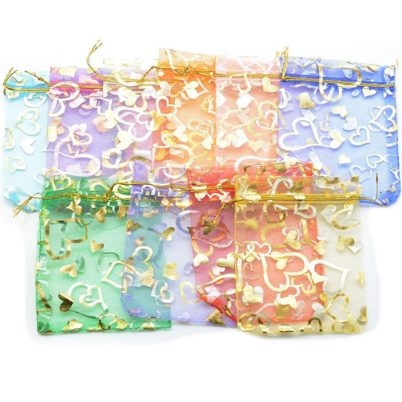 烫金爱心玫瑰花网纱袋情人节礼品包装袋欧根纱婚庆喜糖束口袋子