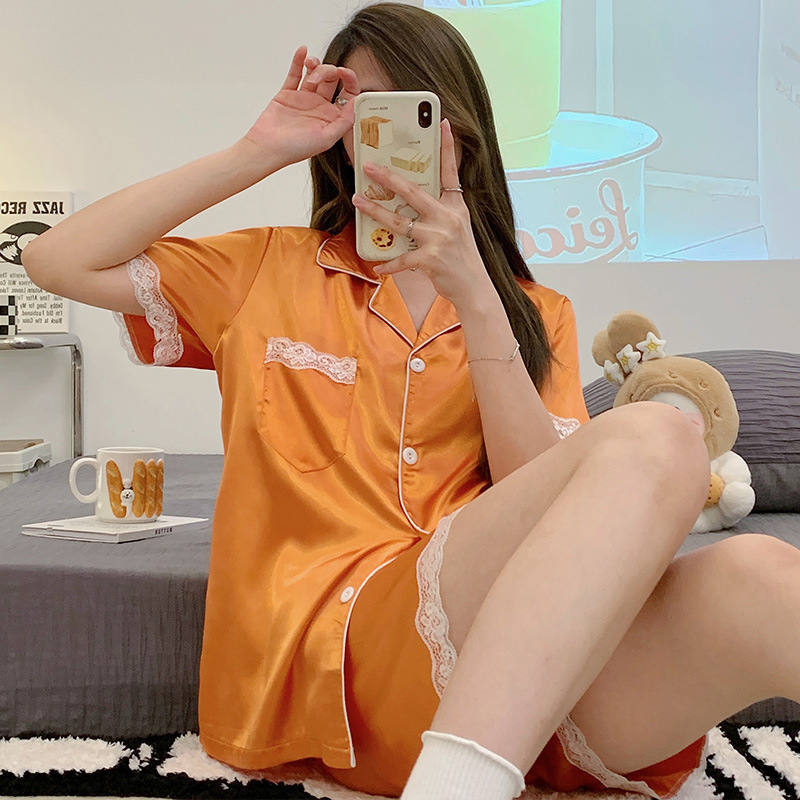 생기 넘치는 오렌지 레이스 가디건 더블 쇼트