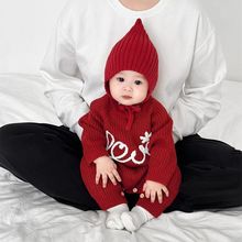 秋冬加厚婴儿衣服连体衣新款红色针织毛衣百天喜庆新年宝宝爬服