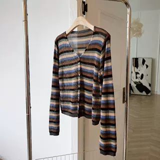 早秋新款复古文艺彩色条纹羊毛针织衫上衣开衫外套