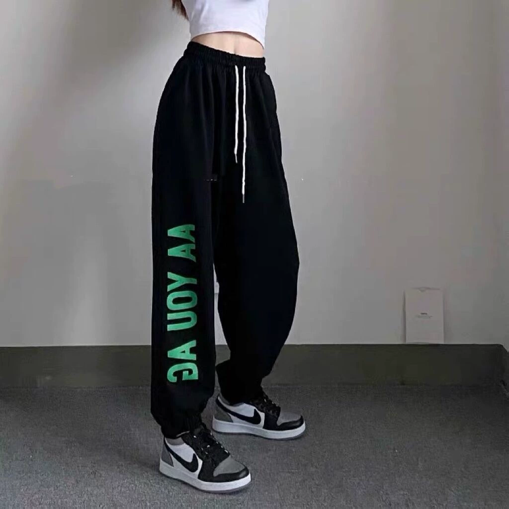 Повседневные универсальные модные облегающие кружевные мужские весенне-осенние спортивные брюки с высокой талией и пряным буквенным принтом для девочек, завязанные на щиколотке