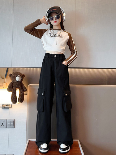 Kids' Han Version Spring and Autumn Style Pants 2025 Middle Kids Trendy Loose Button Work Pants Wide Leg Long Pants Fashion