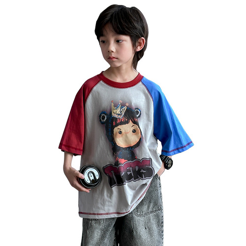 Boys color matching trendy brand short-sleeved summer style 2024 new medium and large children boys personalized fashionable T-shirt summer clothes short T-shirt