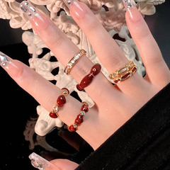 法式簡約紅色滴油字母開口戒指女愛心復古極簡氣質小眾竹節潮指環