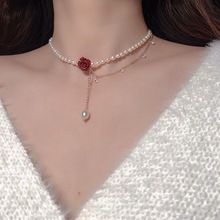 玫瑰锆石珍珠项链女轻奢小众韩版设计感ins风颈链锁骨链气质项饰