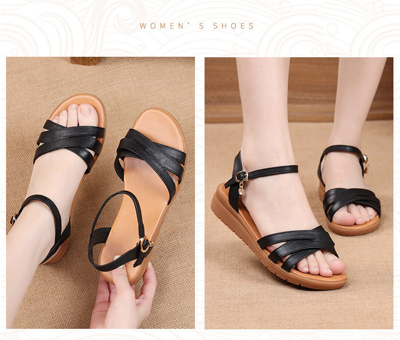 Sandal nữ đế xuồng da thật mềm chống trượt mùa hè — Màu be chi tiết 20