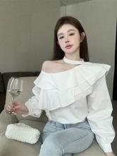 娜娜~纯欲修身设计感露肩衬衫早春季荷叶边白色雪纺衫长袖上衣女