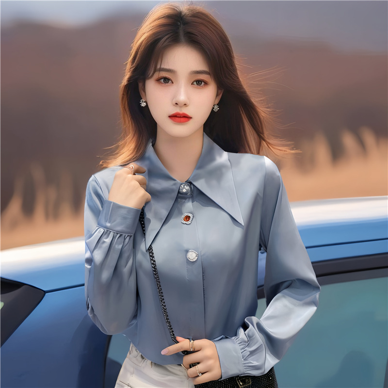 AI Figure in stock Autumn New Korean Style Loose Elegant High Satin White Long Sleeve Shirt Women's Top Formal AI Figure in stock Autumn New Korean Style Loose Elegant High Satin White Long Sleeve Shirt Women's Top Formal
