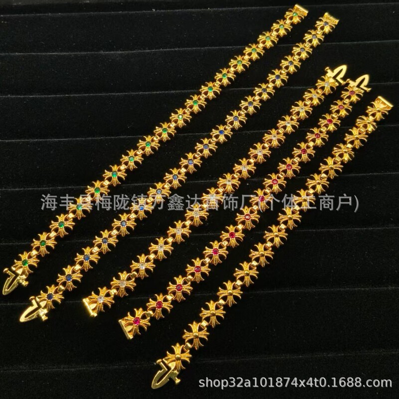 Crocodile Gold Diamond Full Cross Flower Bracelet, Stylish and Domineering Fashion Cross, Trendy Couple's Same Style Bracelet