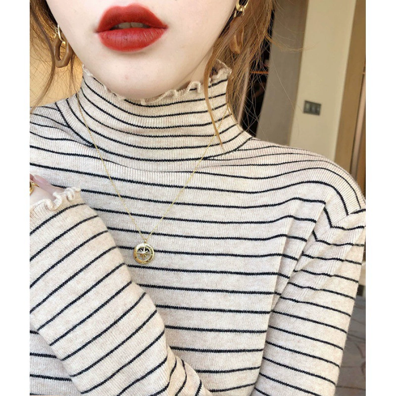 Женская Базовая рубашка в полоску с высоким воротником, Новинка осени и зимы 2020, внутренний свитер, подходящий ко всему Модный облегающий вязаный Топ