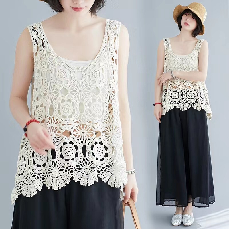 Mori Style Summer Hollow Crochet Camisole Women's Lace Retro Artistic Loose All-match Top Vest Blouse