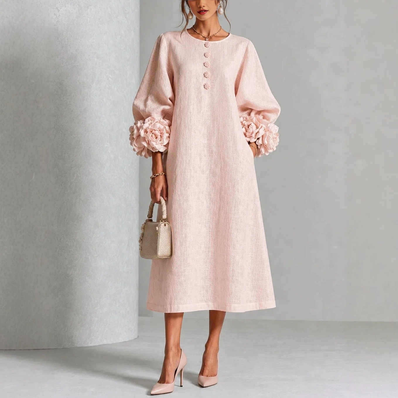 2026 Amazon Independent Store French Style Three-Dimensional Floral Lantern Sleeve Cotton Linen Midi Dress