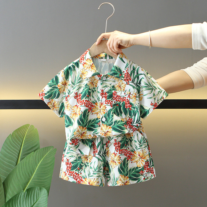 7860 traje de camisa de verano para niños 2025 nuevo estilo de moda para niños de dos piezas de manga corta ropa de estilo de playa para bebés