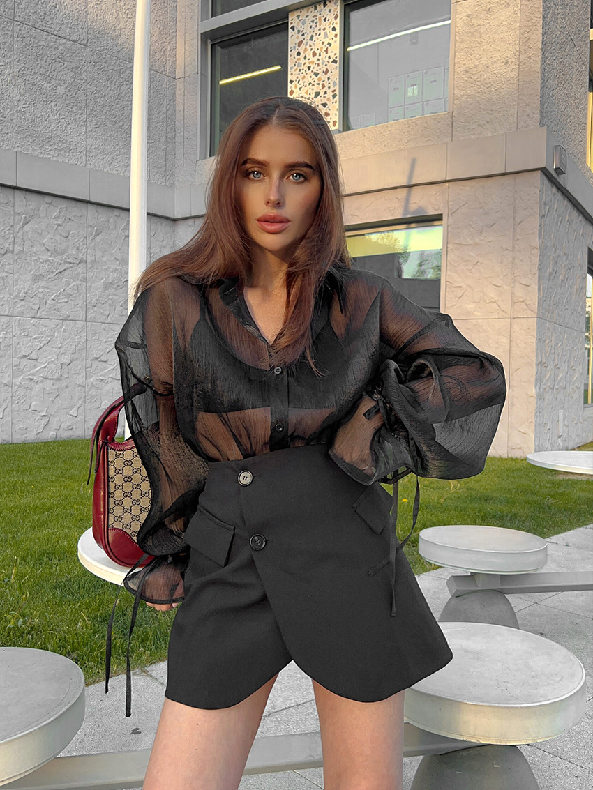 175g Weight Long Sleeve Sleeve Length Single Breasted Placket Type Bishop Sleeve Sleeve Type Polyester Fabric Type Regular Top Length Cardigan, Blouse Tops Type Daily, Party, Date Occasion Turndown Neckline Loose Fit Type Solid Color Pattern Summer Season Women's Gender Sexy Style Wholesale Women's Sexy Solid Color Long Sleeve Blouses 19