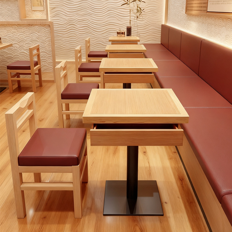 面馆米粉店实木餐桌烤肉拌饭店带抽屉桌子日料简餐店长桌方桌商用