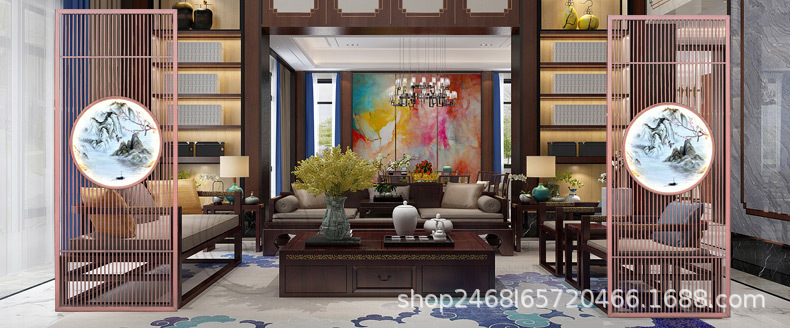 新中式发光灯带不锈钢隔断花格屏风