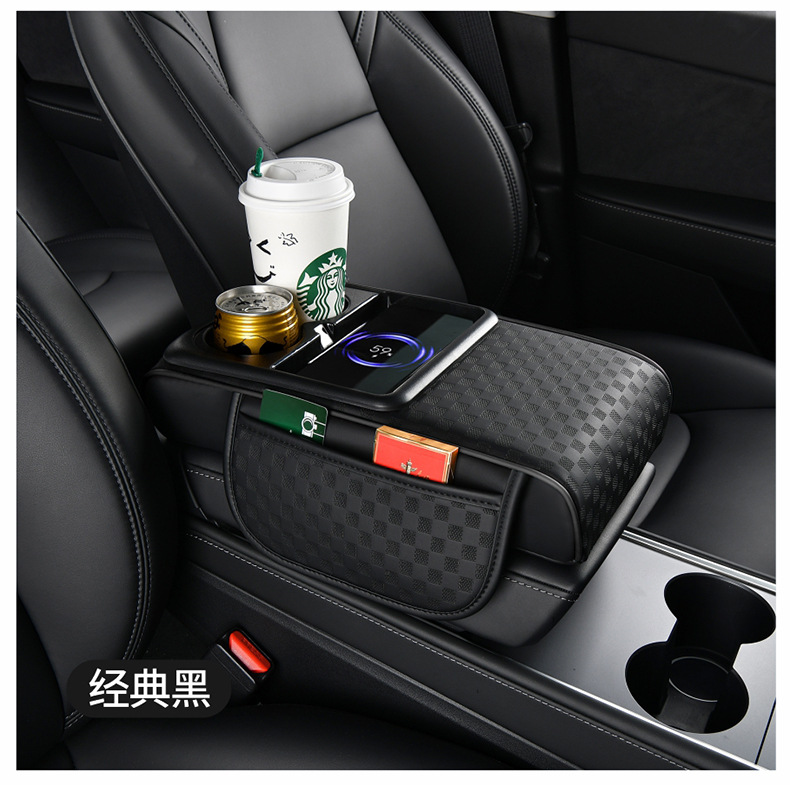 15W Wireless Charging Car Armrest Box Pad Storage Multifunctional Heightening Pad with Integrated Wireless Fast Charging for Mobile Phones