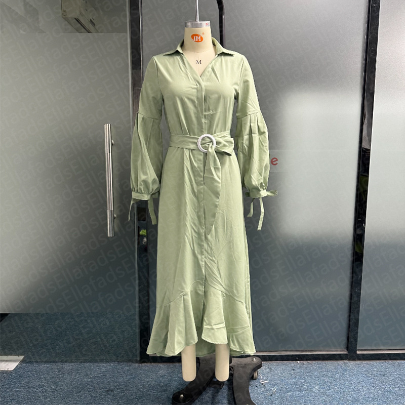Loose Fit Type Solid Color Pattern Summer, Spring, Autumn Season Casual Solid Color Shirt Collar Long Sleeve Printing Midi Dress Ruffled Skirt