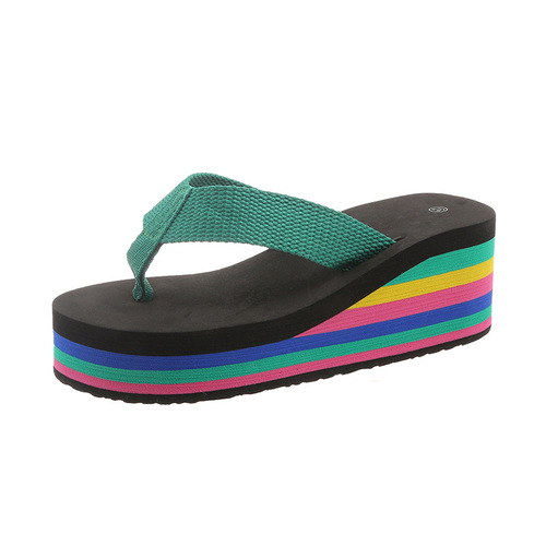 Fashion Rainbow Human Hair Flip-Flops for Women - Summer Thick Heel High-Low Cover Casual Beach Sandals Trend