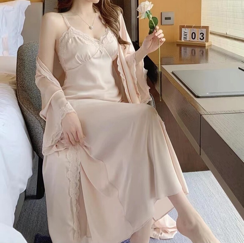 French Style Sexy Pure Pajamas Elegant Ice Silk Sling Women's Nightdress suit Summer Long Women's Two-piece Set with Chest Pad French Style Sexy Pure Pajamas Elegant Ice Silk Sling Women's Nightdress suit Summer Long Women's Two-piece Set with Chest Pad