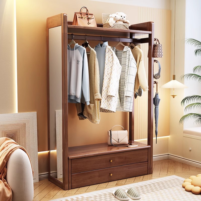 Solid Wood Coat Rack, Dressing Mirror, Integrated Clothes Rack, Floor-Standing Bedroom Multi-Functional Full-Length Mirror, Living Room Storage Rack