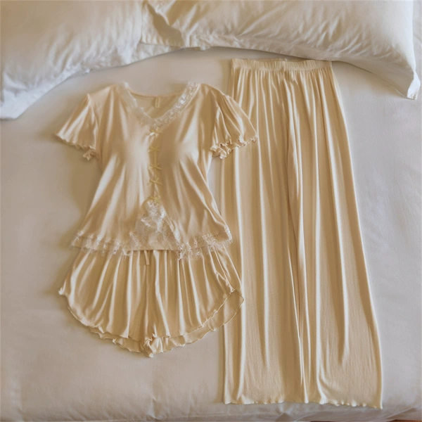 Short-sleeved three-piece set 33037# cream yellow (fixed chest pad)