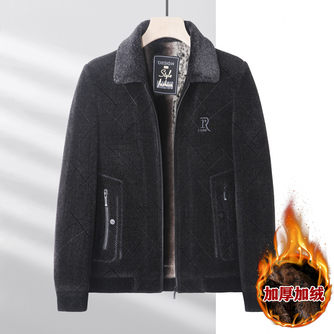 Winter cotton-padded coats for middle-aged and elderly men, business casual chenille jackets for fathers, fleece-lined and thickened woolen cotton-padded coats