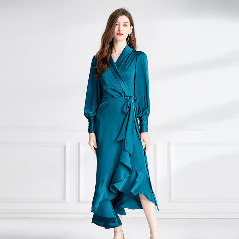 Spring 2024 elegant satin lace-up waist ruffled large swing dress V-neck elegant commuter dress