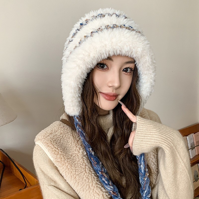 新款显脸小百搭毛绒针织套头帽女秋冬防寒保暖护耳绑带骑行毛线帽|undefined