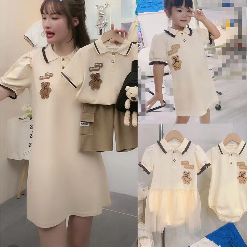 Oso bordado ropa padre-hijo verano una familia tres o cuatro madre-hijo madre-hija vestido bebé mameluco POLO solapa manga corta