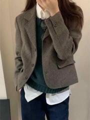韩系chic复古人字纹咖色短款外套女2025秋冬超好看气质小西装上衣